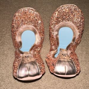 NWB Yosi Samra Hitched Rose Gold Glitter Foldable Flats Size 8